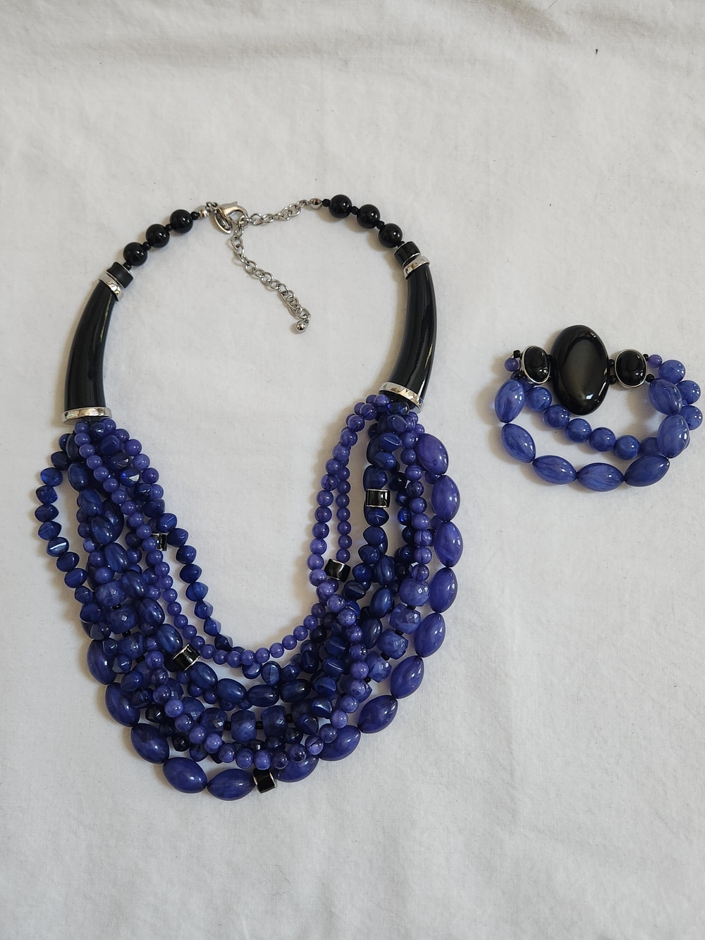 Chico's Multi-Strand Blue Bead Necklace and Bracelet Set